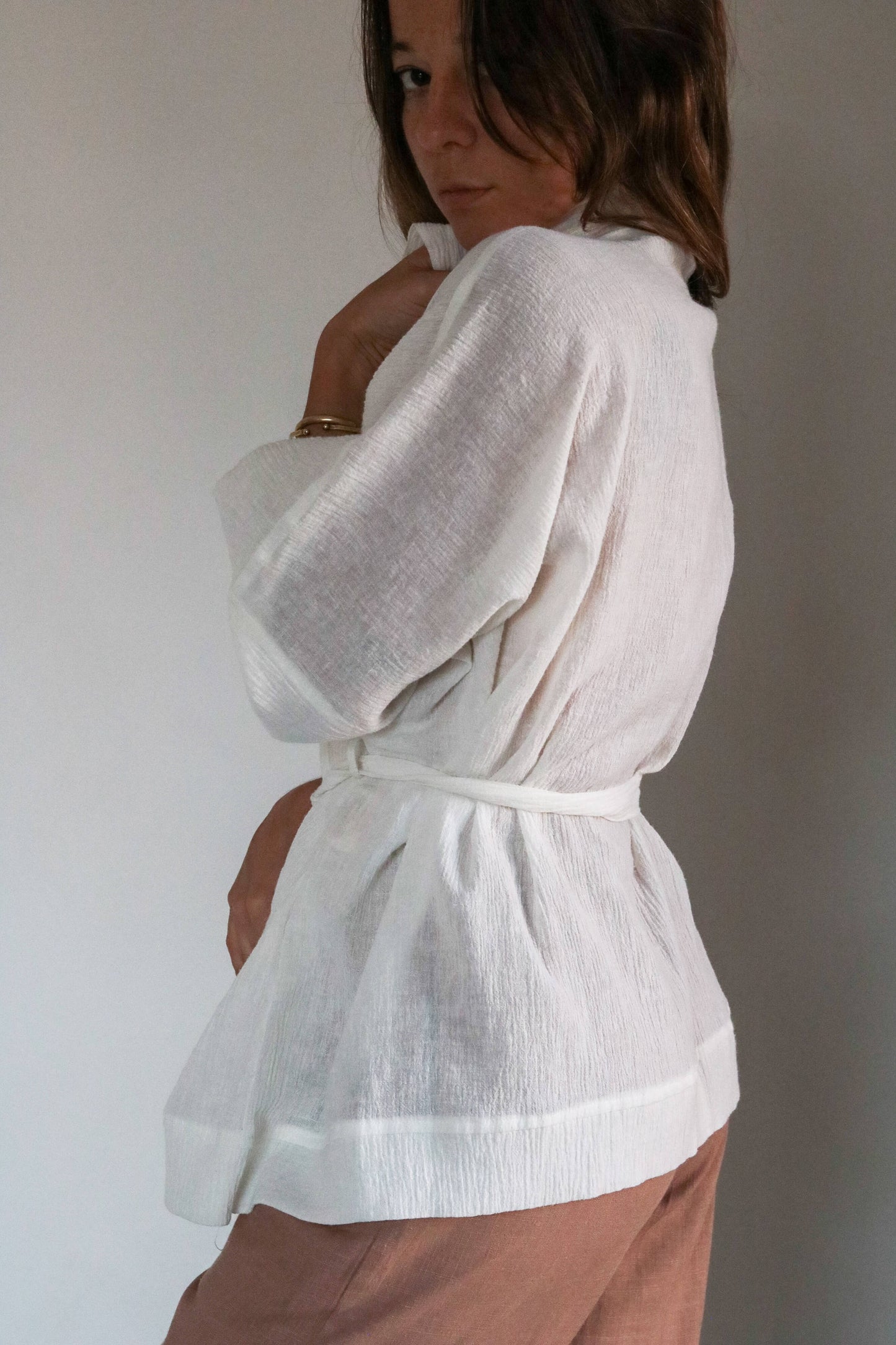 Kimono femme lin et coton naturel blanc