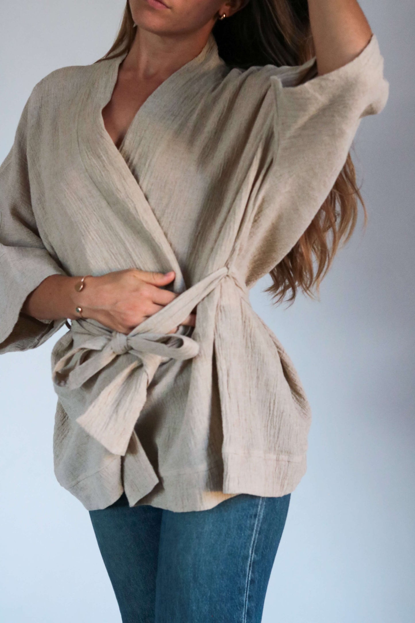 Kimono femme lin et coton beige