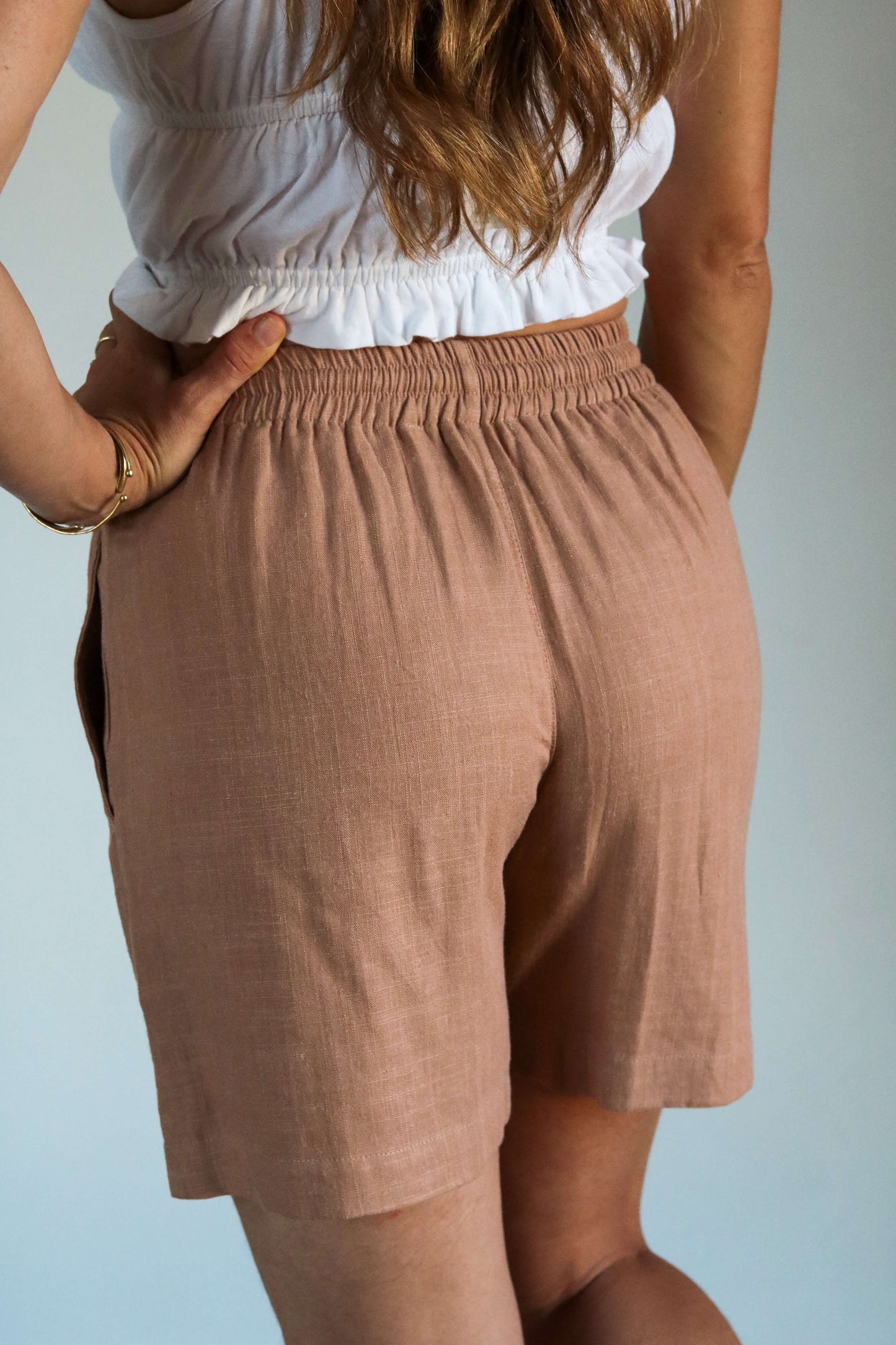 Short femme lin et viscose rose poudré