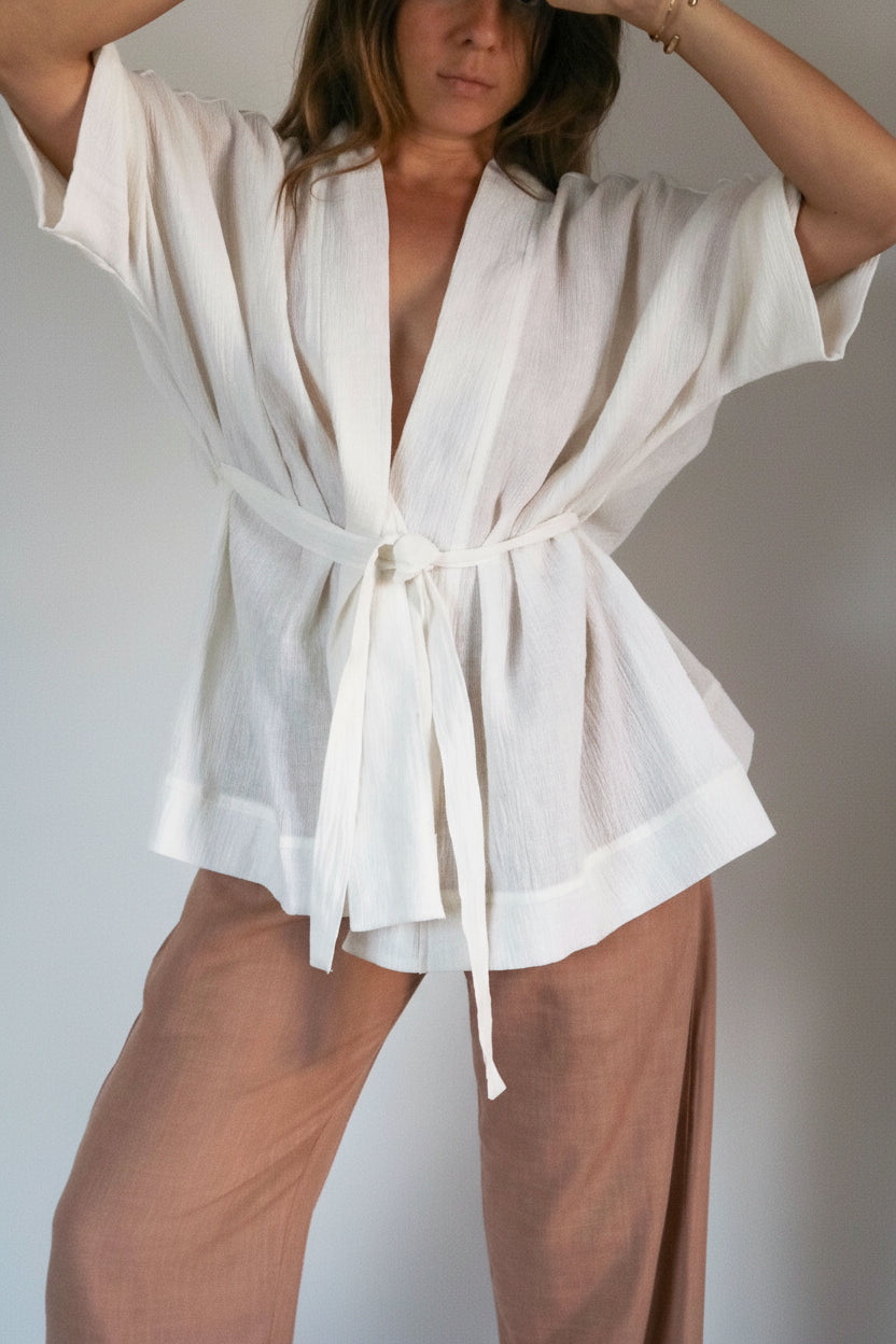Kimono pour femme lin blanc avec ceinture