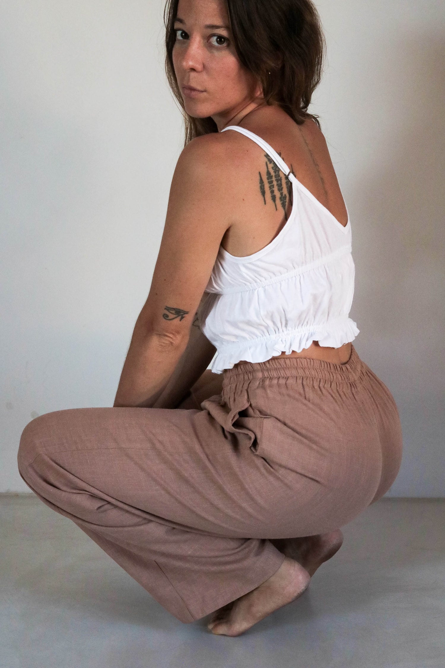 Pantalon confortable pour femme en lin rose poudré