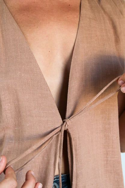 Top veston sans manche femme lin rose poudré